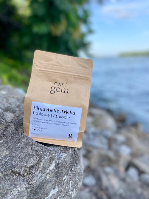 A kraft paper pouch of Café Gem Yirgacheffe Aricha Ethiopia specialty coffee sits outdoors.